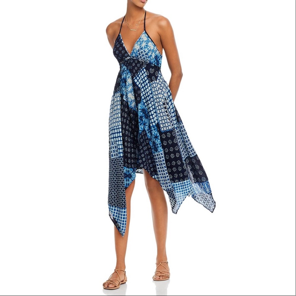 NWT Patchwork indigo halter dress blue turquoise boho petticoat hem low Aqua S